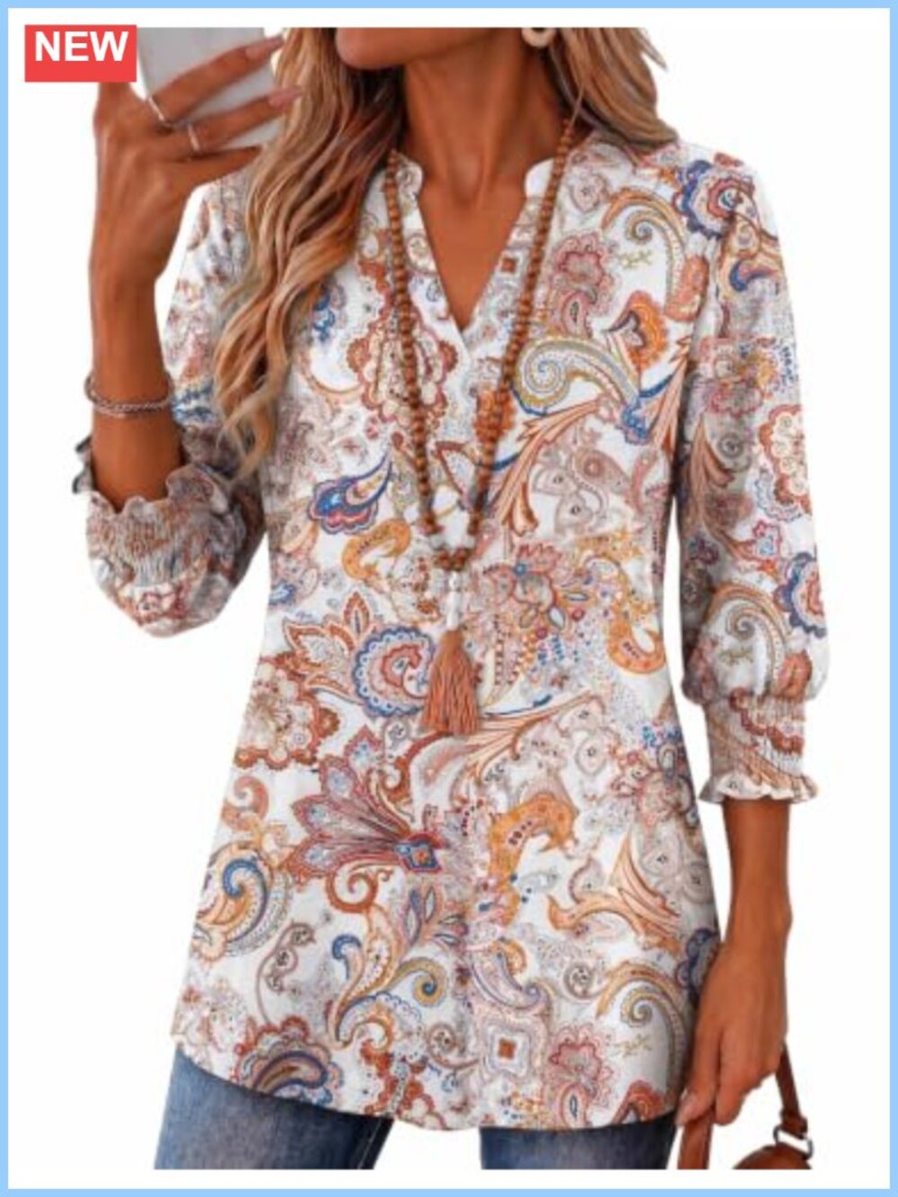 Womens 3/4 Sleeve V Neck Ruffle Cuff Tunic Blouse